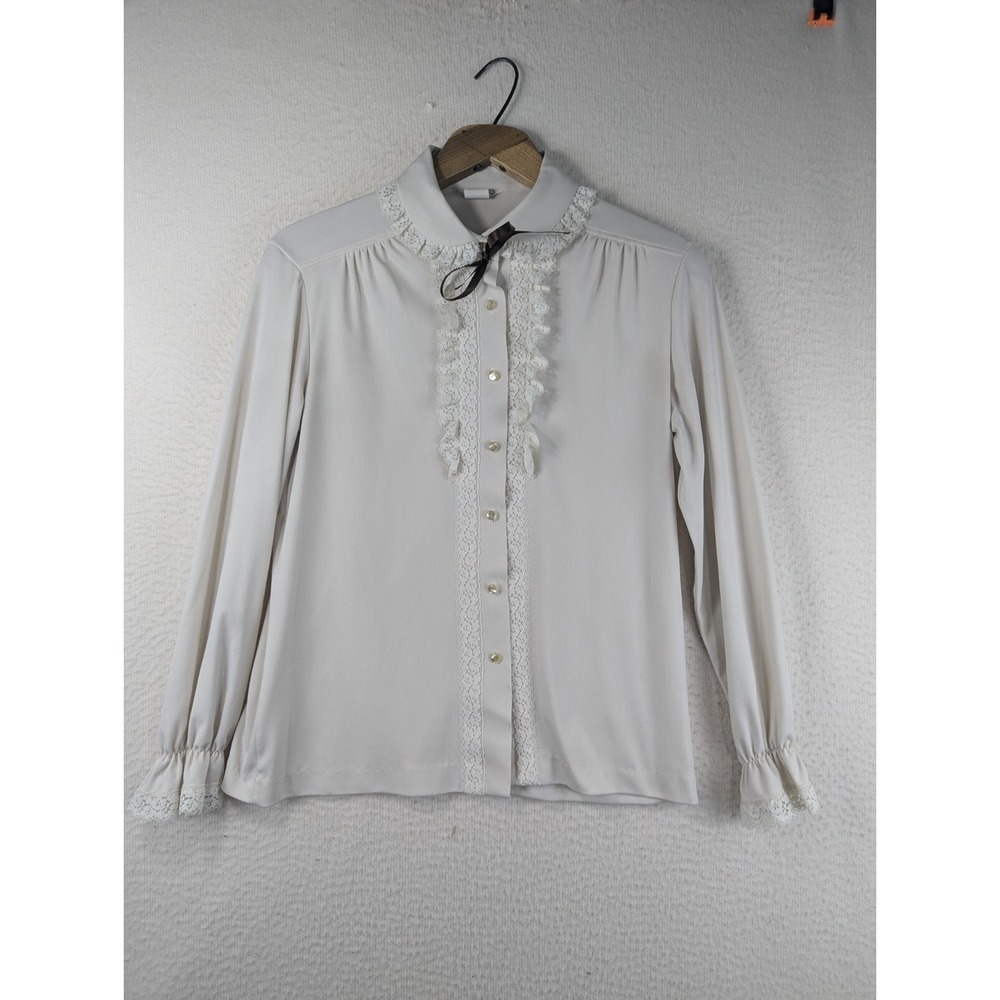 Mardi Modes Top Ruffled‎ Ribbon Prairie Costume Cosplay Style Cream Buttons 70s